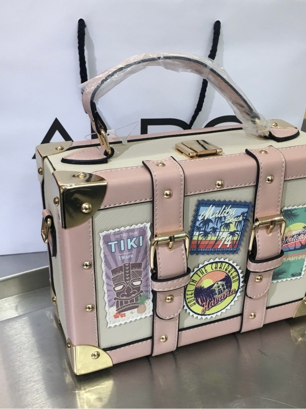 ALDO Structured Pink Mini Trunk Bag with Decorative Travel Panels - Picture 2 of 8